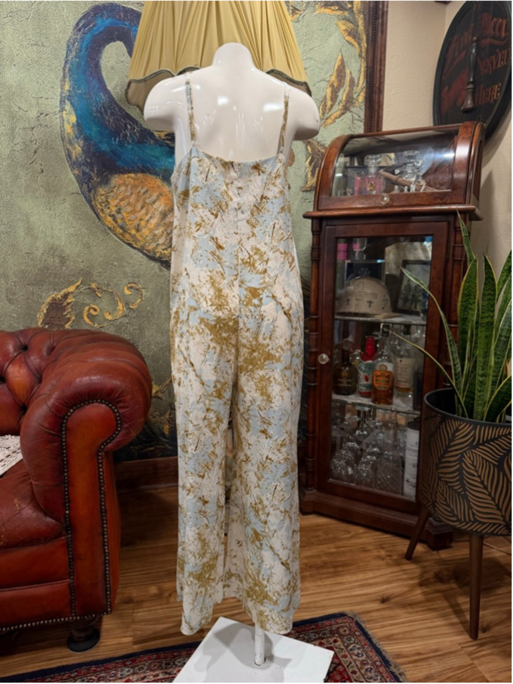 Nikki's Beach House Jumpsuit Small Blue Gold Abstract Coastal Resort Wide Leg - Picture 6 of 11
